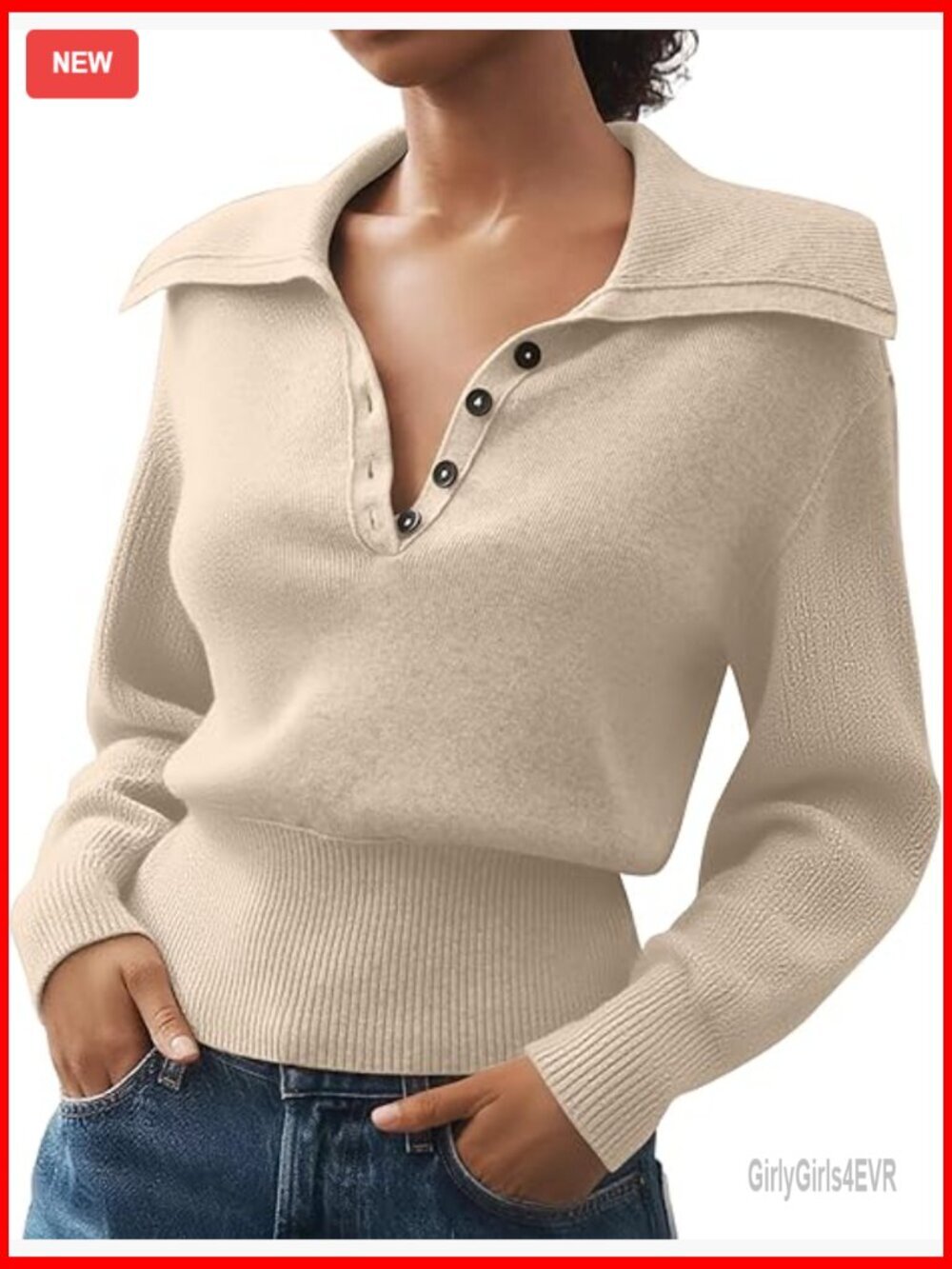 Women's Slim Fit V-Neck Polo Sweater Long Sleeve Cropped Pullover Ribbed Knit